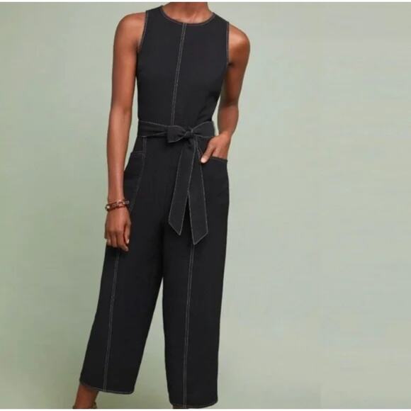 Greylin Isla Jumpsuit LARGE Contrast Stitching Crop Wide Leg Belted Crepe Tie - Picture 4 of 11